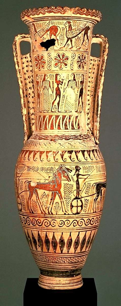 Pittore di Analatos. Anfora CA 2985 Louvre. Pittura vascolare di una loutrofora protoattica, da Atene. 690 a.C. ca. Musée du Louvre.