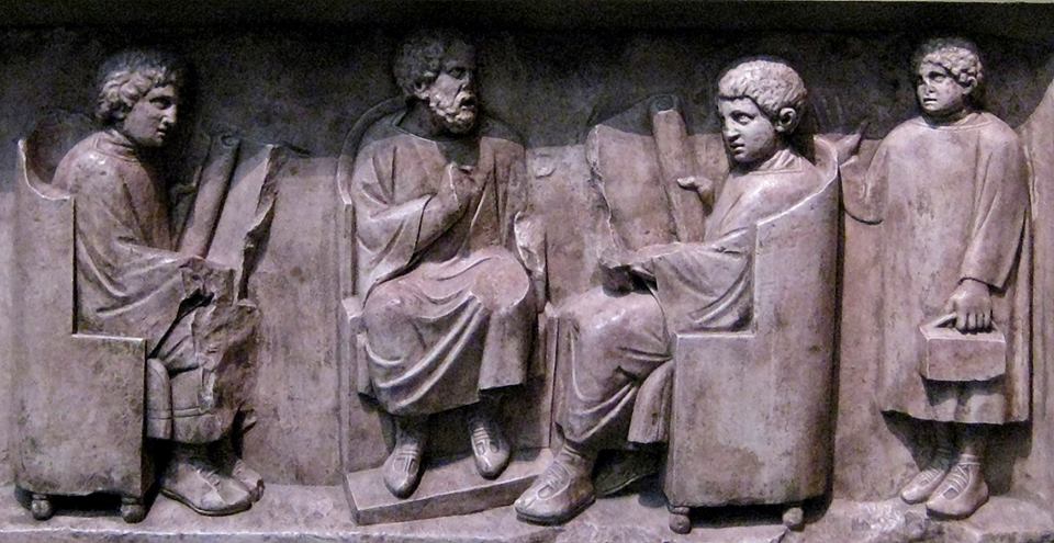 Scena di scuola. Rilievo, marmo, inizi III sec. d.C. ca. da Neumagen. Trier, Rheinisches Landesmuseum