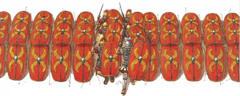 La formazione a testudo (testuggine) offriva una protezione eccellente contro le frecce e altri proiettili. Quando il nemico interrompeva il lancio, i legionari rompevano le righe e si lanciavano nel combattimento corpo a corpo. Illustrazione di Adam Hook.