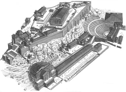 Atene. Acropoli, ricostruzione grafica degli edifici principali (disegno di F. Corni)