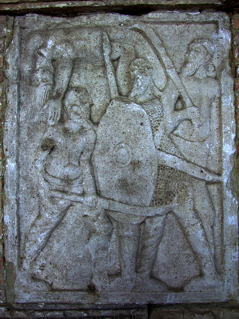Guerrieri daci. Bassorilievo su metopa, marmo, 109 d.C. dal Tropaeum Traiani di Adamclisi (Romania).